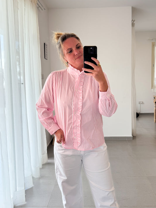 Ruffle Stripe Bluse – mit Stehkragen